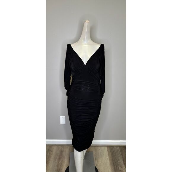 Norma Kamali Tara Long-Sleeve Deep-V Ruched Stretch Jersey Midi Dress $175 - Picture 8 of 11